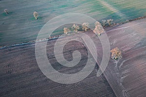 Aerial View over Scenic Farming Fields