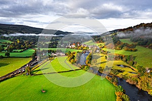 Aerial view over Scenic Village in Wales