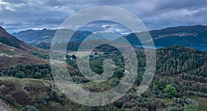 Aerial View over Scottish Highlands at Early Autumn