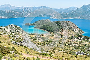 Aerial view over of Sig Limani harbor in Selimiye village near Marmaris resort town in Mugla, Turkey