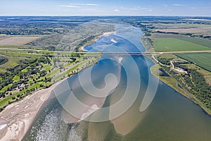 Aerial view over The Sky Trail Bridge by Lake Diefenbaker in Saskatchewan, Canada