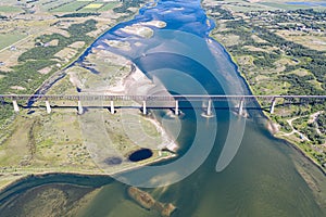 Aerial view over The Sky Trail Bridge by Lake Diefenbaker in Saskatchewan, Canada