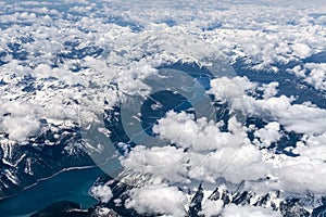 Aerial view over snow mountains Kinbasket Lake, British Columbia, Canada