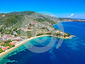 Aerial view over southern skiathos island  Greece with modern hotels and luxurious villas in Sporades  Greece