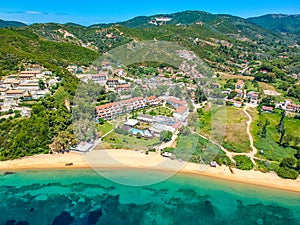 Aerial view over southern skiathos island, Greece with modern hotels and luxurious villas in Sporades, Greece