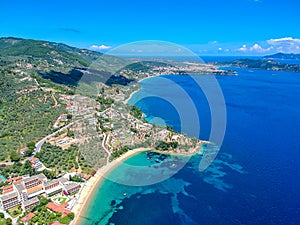 Aerial view over southern skiathos island, Greece with modern hotels and luxurious villas in Sporades, Greece