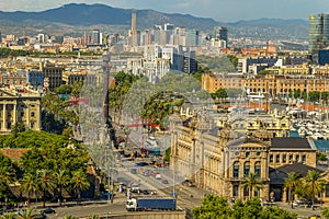 Aerial view over square Portal de la pau and Columbus Monument in Barcelona, Catalonia, Spain