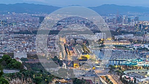 Aerial view over square Portal de la pau day to night in Barcelona, Catalonia, Spain.