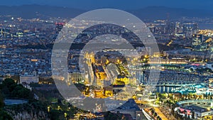 Aerial view over square Portal de la pau day to night timelapse in Barcelona, Catalonia, Spain.