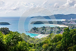 Aerial view over three popular beaches on Andaman sea of Phuket, Thailand