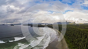 Aerial view over Tofino Pacific Rim national park with drone from above Cox Bay Vancouver Island