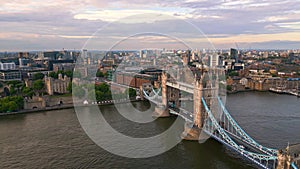 Aerial view over Tower Bridge and River Thames in London at sunset