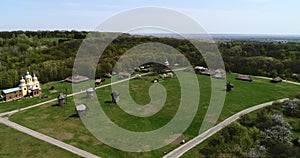 Aerial view over traditional Ukrainian village in spring, Pirogovo, KIev