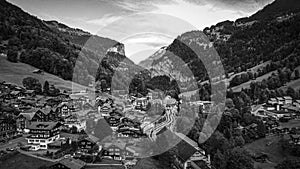 Aerial view over the village of Lauterbrunnen in Switzerlandwith