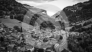 Aerial view over the village of Lauterbrunnen in Switzerlandwith