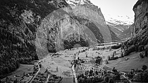 Aerial view over the village of Lauterbrunnen in Switzerlandwith