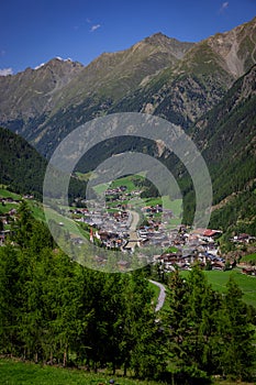 Aerial view over the village of Soelden in Austria