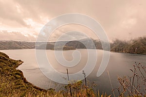 Aerial View Over Volcanic Lake Laguna Cuicocha, Ecuador