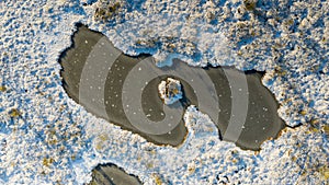 Aerial view over winterly snow and ice-clad peat bog landscape in natural Estonian