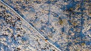 Aerial view over winterly snow and ice-clad peat bog landscape in natural Estonian