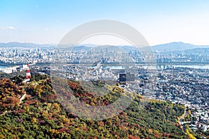 Aerial view of overgrown Namsan mountain and Seoul