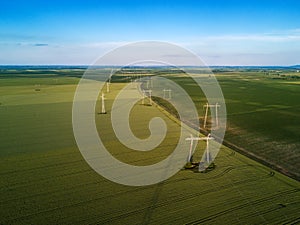 Aerial view of overhead electricity power line pylons