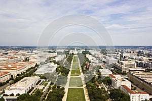 Aerial view overlooking the tree-lined avenue of the Mall stretching to the US Capitol in the distance, Washington DC