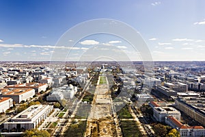 Aerial view overlooking the tree-lined boulevard of the Mall stretching to the US Capitol in the distance, Washington DC