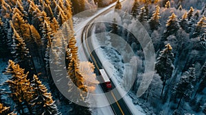 Aerial view of Overtaking trucks on an asphalt road in snow forrest at sunset, Transportation concept