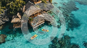 Aerial View of Overwater Bungalows and Kayaks on Tropical Coast at Noon