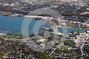 Aerial view of Owen Sound showing grain elevators, houses and inlet to harbour