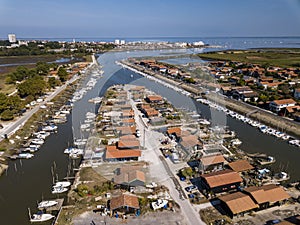 Aerial view of Oyster port of La Teste, Bassin d 'Arcachon, France