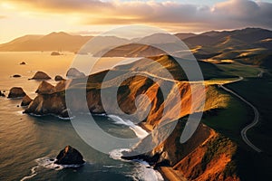 Aerial view of Pacific Ocean coastline at sunset. California, USA. Aerial view of Marin Headlands and Golden Gate bay at sunset,