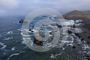 Aerial View of Pacific Ocean, Sea Stacks and California Coastline