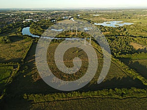 Aerial view of Paddington meadows and Woolston Eyes wetlands on River Mersey, Warrington, England