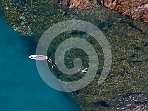 Aerial view of a paddle board in the water floating on a transparent sea, snorkeling. Bathers at sea. Tropea, Calabria, Italy photo