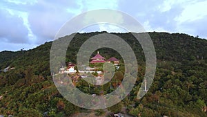 Aerial view: pagoda at the foot of the hill