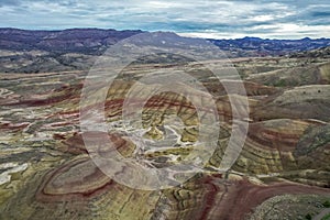 Aerial view of the painted hills of John Day fossil beds national monument in Mitchell, Oregon