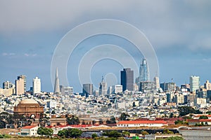 Aerial view of Palace of Fine Arts and San Francisco skyline, Ca