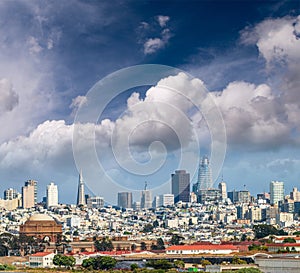 Aerial view of Palace of Fine Arts and San Francisco skyline, Ca