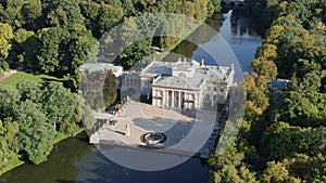 Aerial view of Palace on the Water in Warsaw Royal Baths (Lazienki Park), Poland
