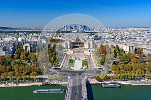 Aerial view of Palais de Chaillot, Seine river, and the skyline of Paris city from Eiffel Tower, Paris, France