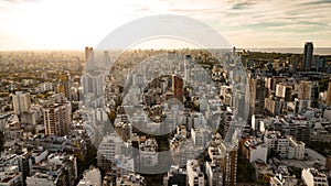 Aerial view of the Palermo district in Buenos Aires during the sunset with the view on skyscrapers, offices, living apartments and