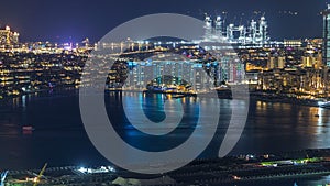 Aerial view of Palm Jumeirah Island night timelapse.