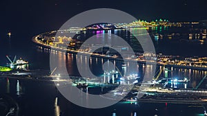 Aerial view of Palm Jumeirah Island night timelapse.