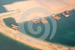 Aerial view of the Palm Jumeirah from the plane in Dubai. The world`s largest man-made island