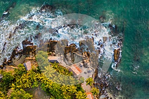 Aerial view of palm trees, Indian Oken coastline and bungalows. Island Sri Lanka.