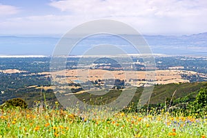 Aerial view of Palo Alto, Stanford University, Redwood City and Menlo Park, part of Silicon Valley; wildflower field visible in