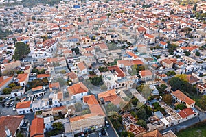 Aerial view of Pano Lefkara village in Larnaca district, Cyprus. Famous old village in mountains with orange roofs