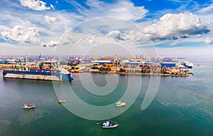 Aerial view panorama from drone. Ship in import/export business